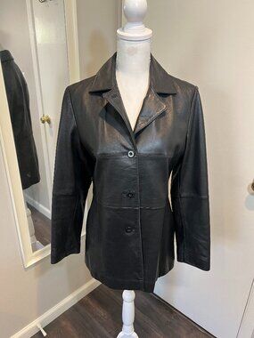 Charles Klein Black Genuine Leather Button Down Jacket, Size Medium